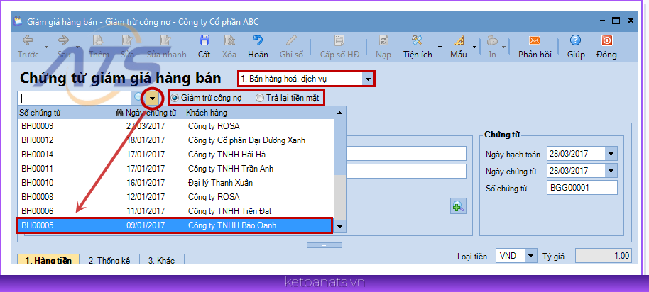 Nhấn vào biểu tượng mũi tên để chọn chứng từ bán hàng từ trong danh sách