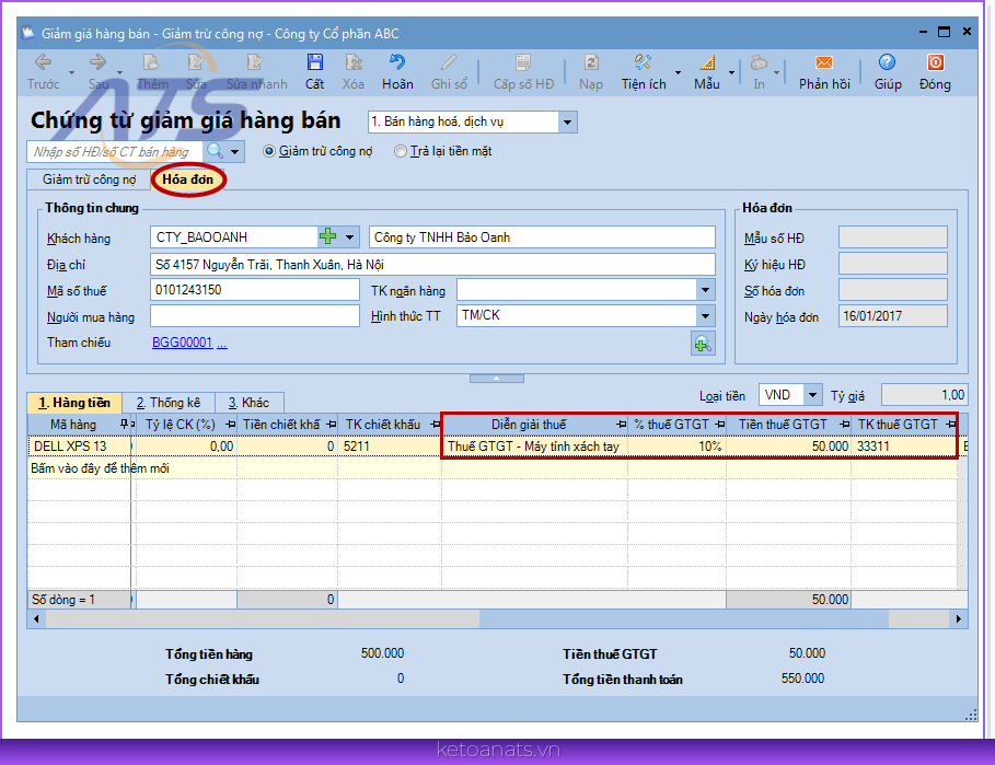 Khai báo các thông tin phục vụ cho việc xuất hóa đơn cho hàng bán được giảm