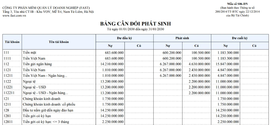 Hướng dẫn lập bảng cân đối số phát sinh trên excel