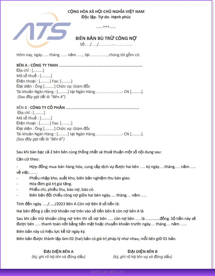 Biên bản cấn trừ công nợ 2 bên