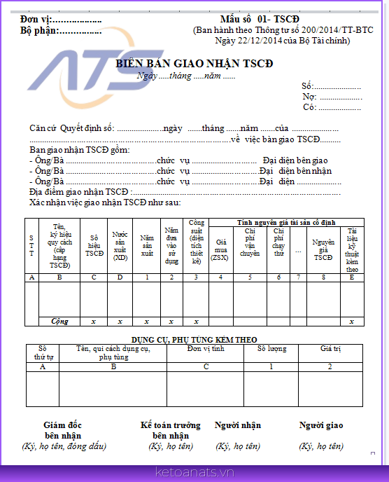 Mẫu biên bản bàn giao tài sản cố định theo thông tư 200 và 133