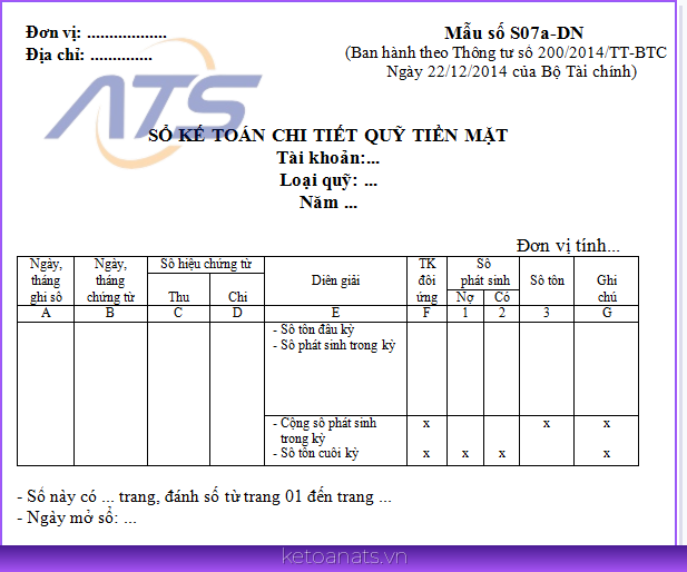 Cách ghi mẫu sổ kế toán chi tiết quỹ tiền mặt theo thông tư 200