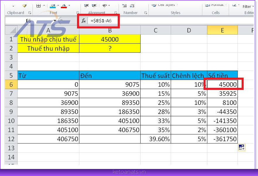 Công thức Excel tính thuế thu nhập cá nhân cơ bản