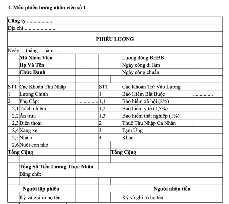 Mẫu phiếu lương cá nhân