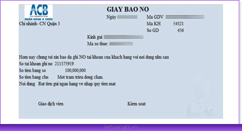 mẫu giấy báo nợ ngân hàng ACB