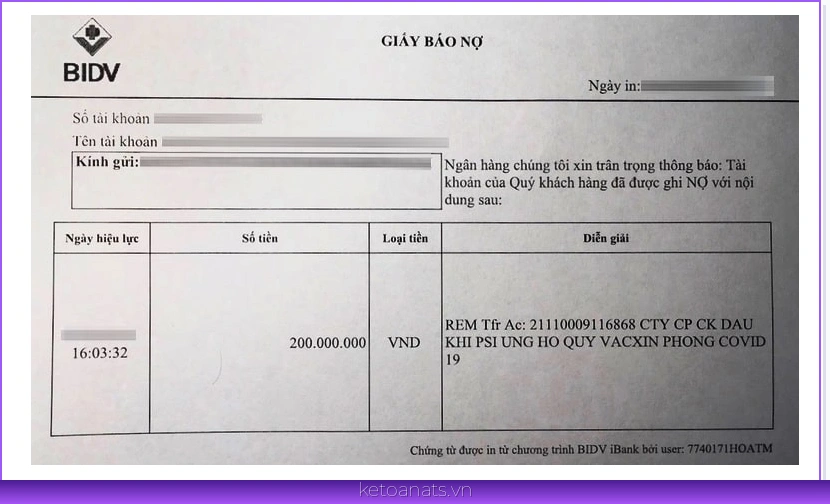 mẫu giấy báo nợ BIDV