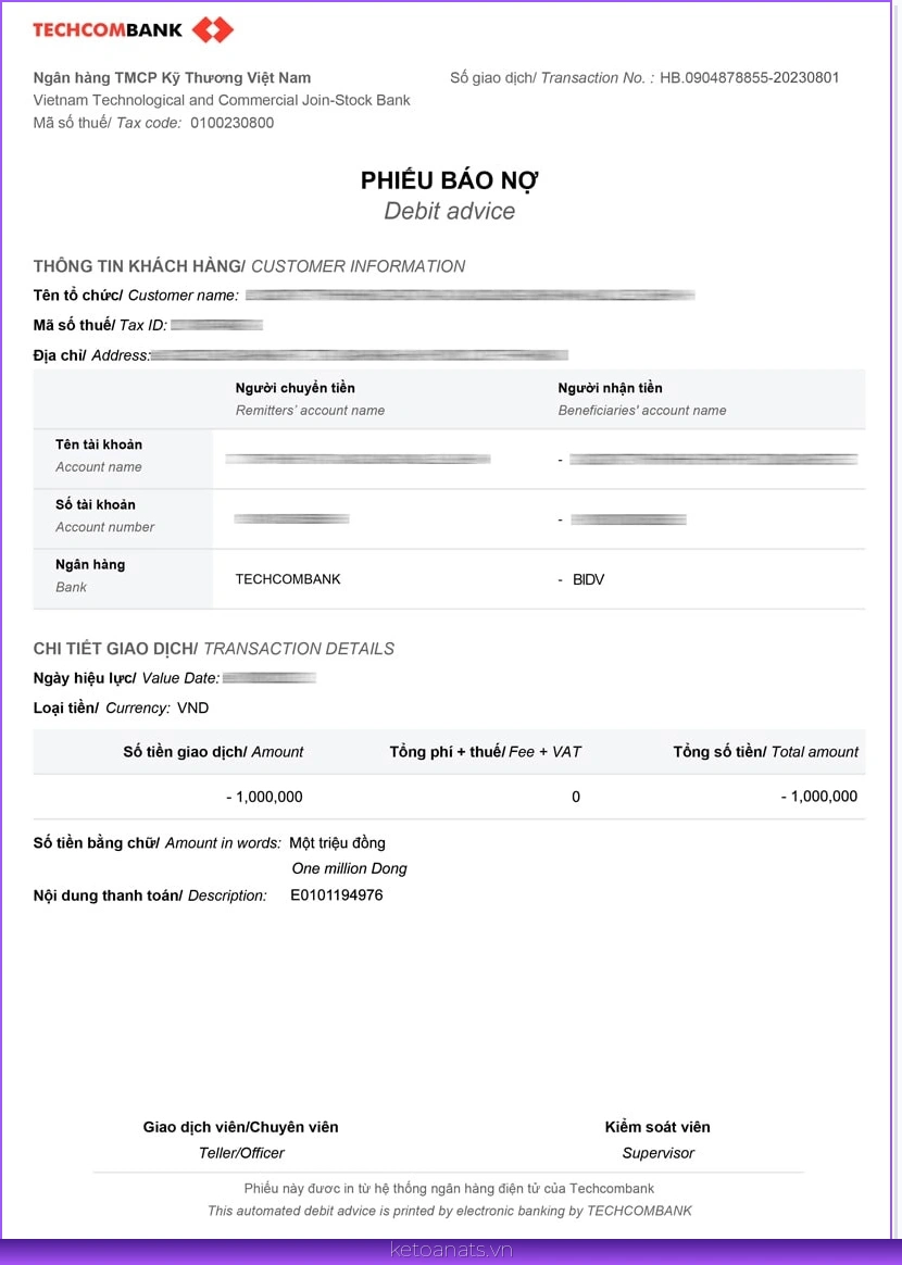mẫu giấy báo nợ ngân hàng techcombank