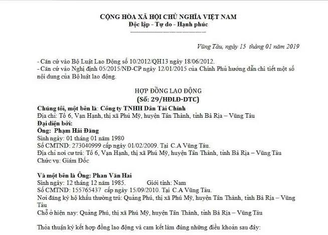 Mẫu hợp đồng lao động không xác định thời hạn