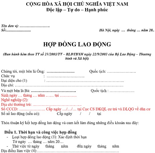 Mẫu hợp đồng lao động thông dụng