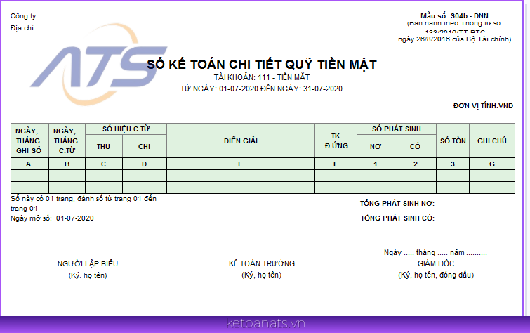 Cách ghi mẫu sổ kế toán chi tiết quỹ tiền mặt theo thông tư 133
