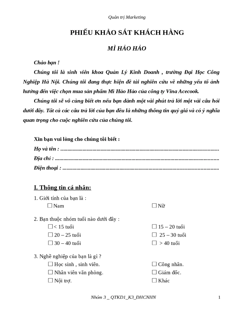 phiếu thu thập thông tin khách hàng công ty acecook