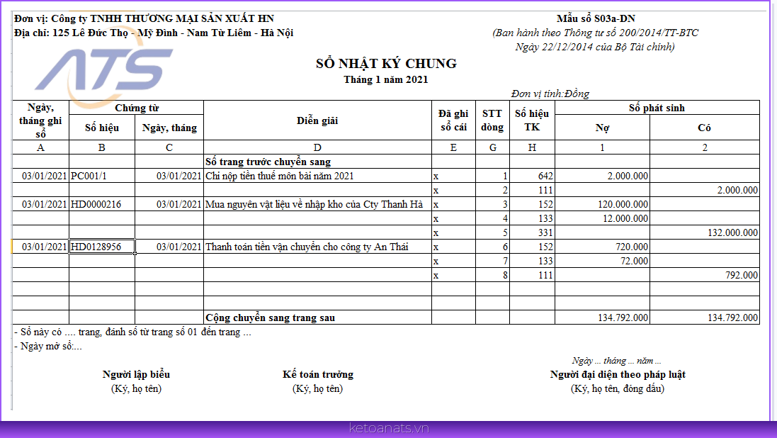 Mẫu sổ nhật ký chung trên Excel theo Thông tư 133