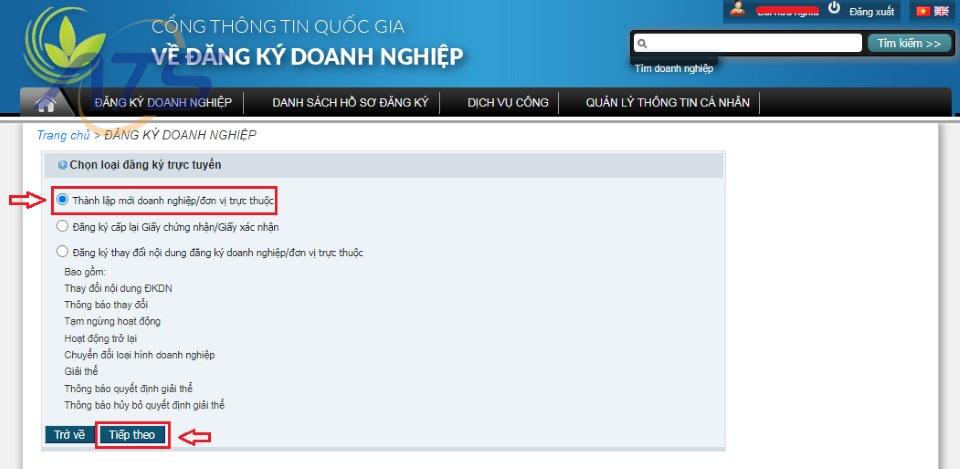 Bước 3: Chọn loại đăng ký trực tuyến