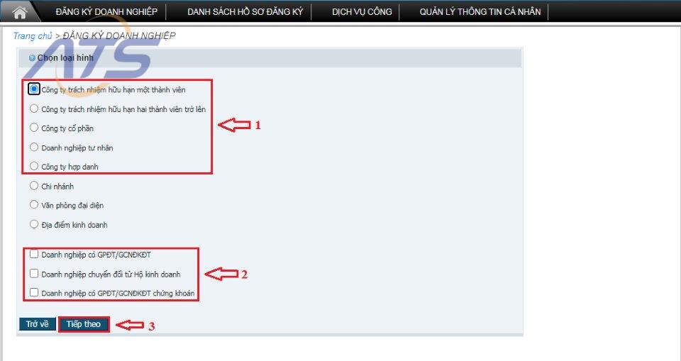 Bước 4: Chọn loại hình doanh nghiệp đăng ký online