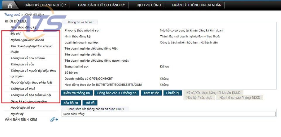 Bước 6: Nhập các thông tin trong hồ sơ đăng ký