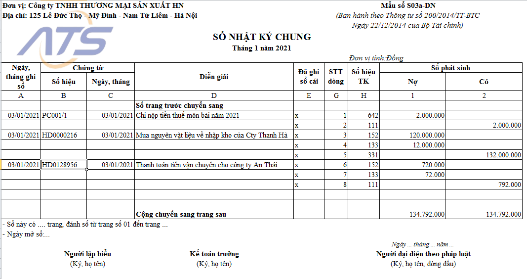 Mẫu sổ nhật ký chung theo thông tư 200 Excel