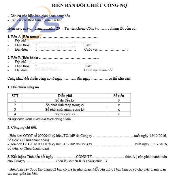 Mẫu biên bản đối chiếu công nợ thông thường - 1