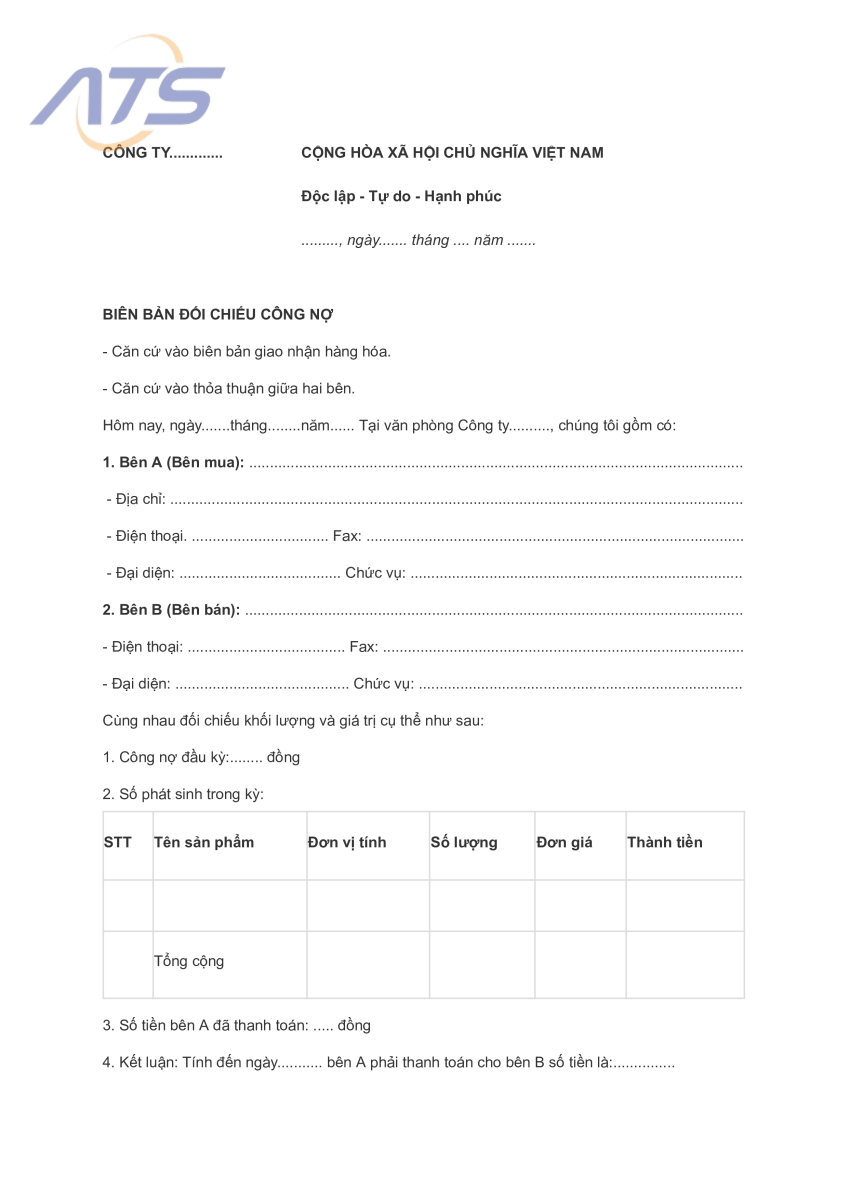 Mẫu biên bản đối chiếu công nợ thông thường - 2