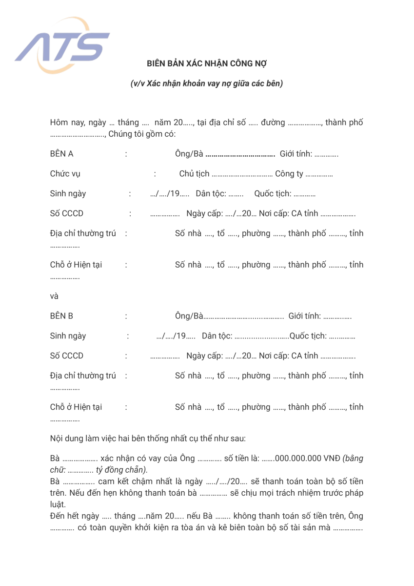 Mẫu biên bản xác nhận công nợ