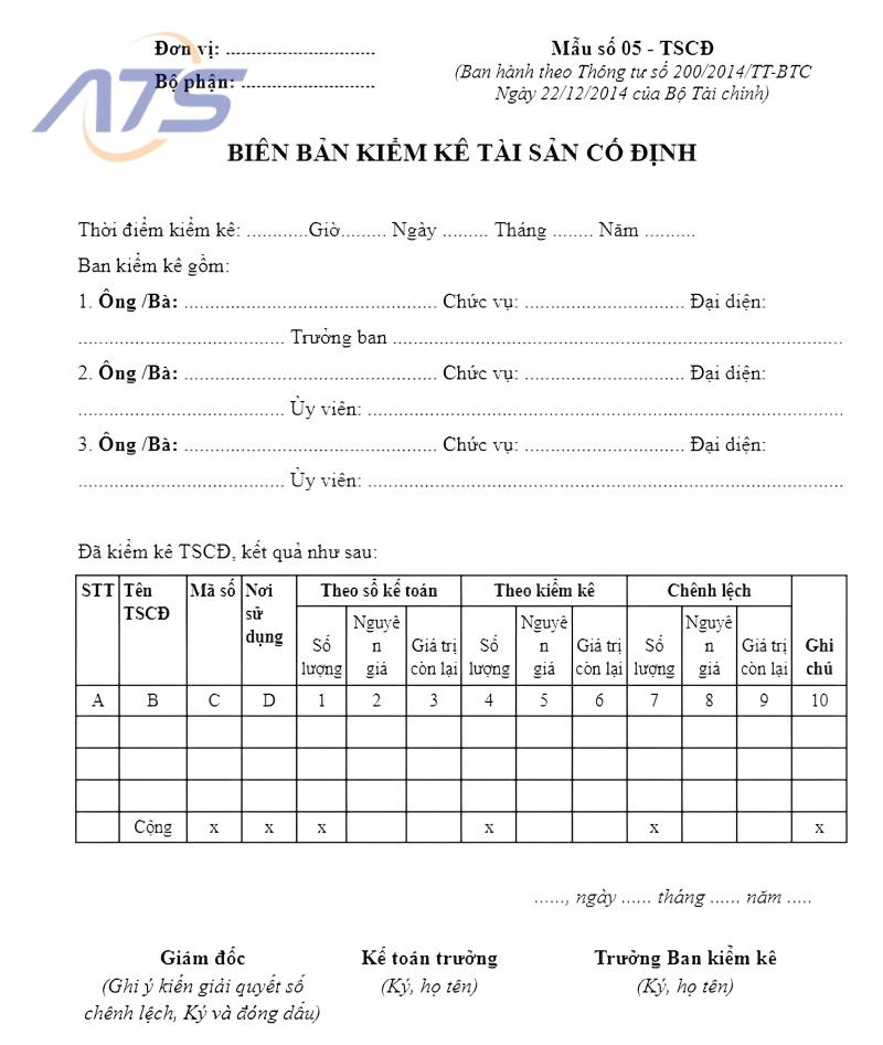 Mẫu biên bản kiểm kê tài sản cố định theo thông tư 200