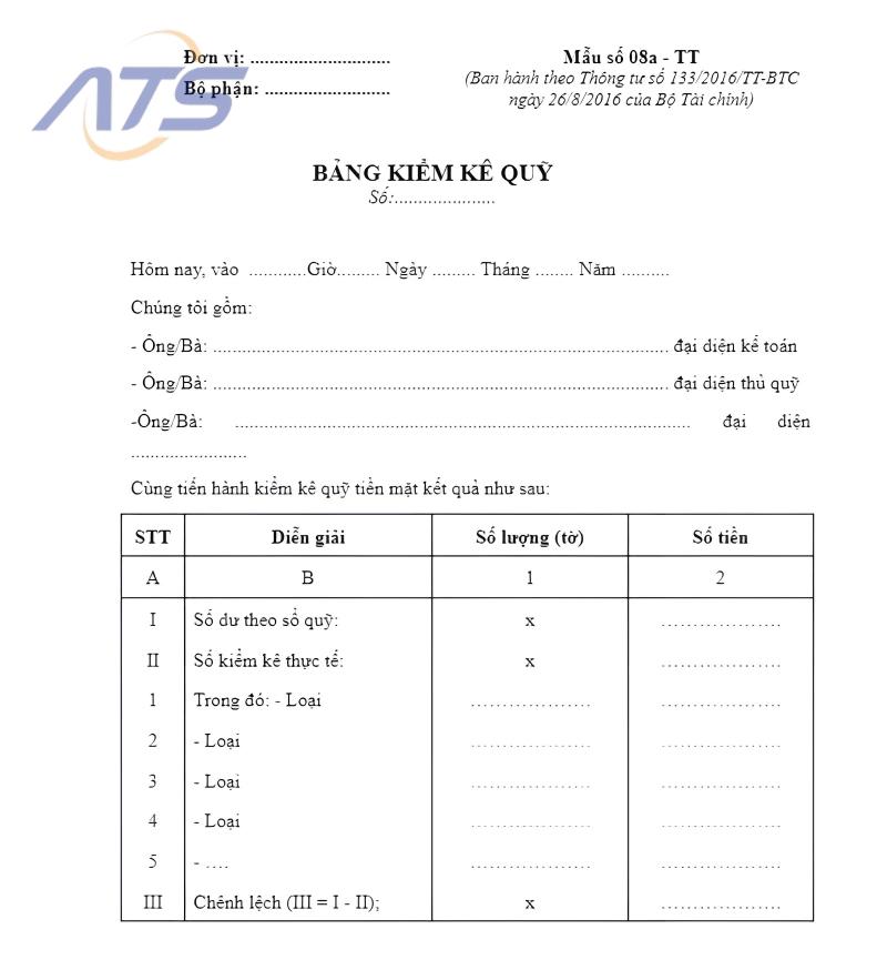 Mẫu biên bản kiểm kê quỹ tiền mặt theo thông tư 133