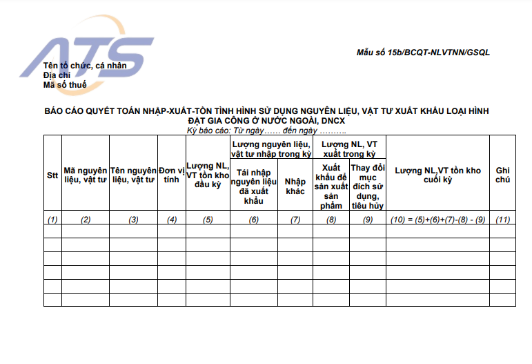 Mẫu báo cáo quyết toán hải quan - Mẫu số 15b/BCQT-NLVTNN/GSQL