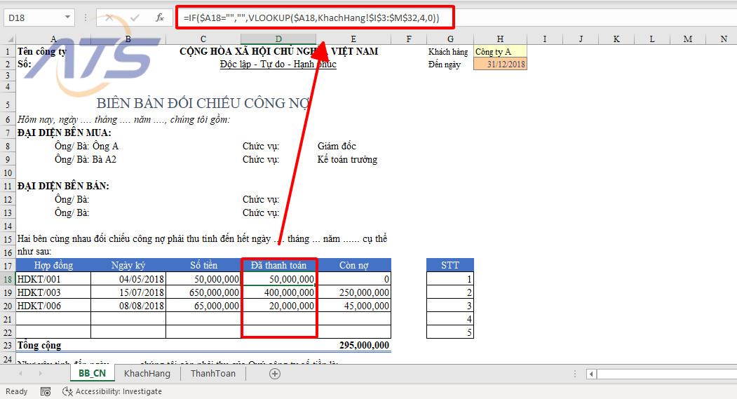 Mẫu biên bản đối chiếu công nợ bằng Excel