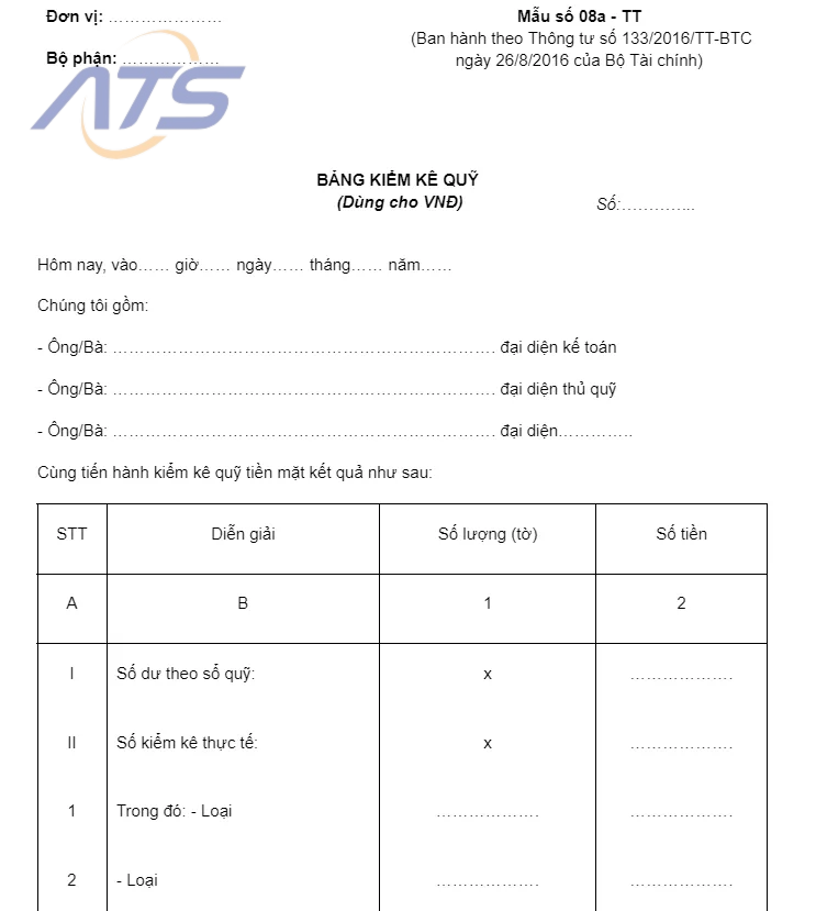 Mẫu biên bản kiểm kê quỹ tiền mặt cho VNĐ - 1