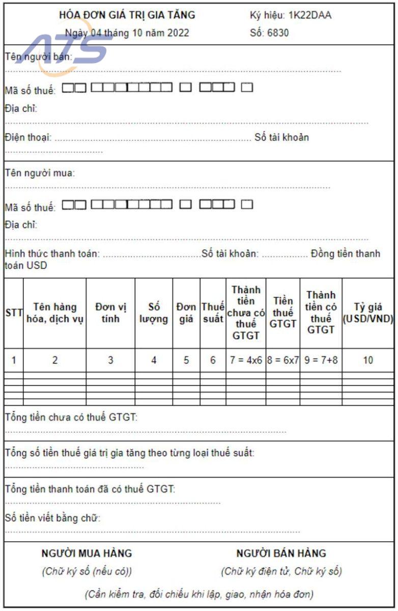 Mẫu hóa đơn giá trị gia tăng điện tử bằng ngoại tệ