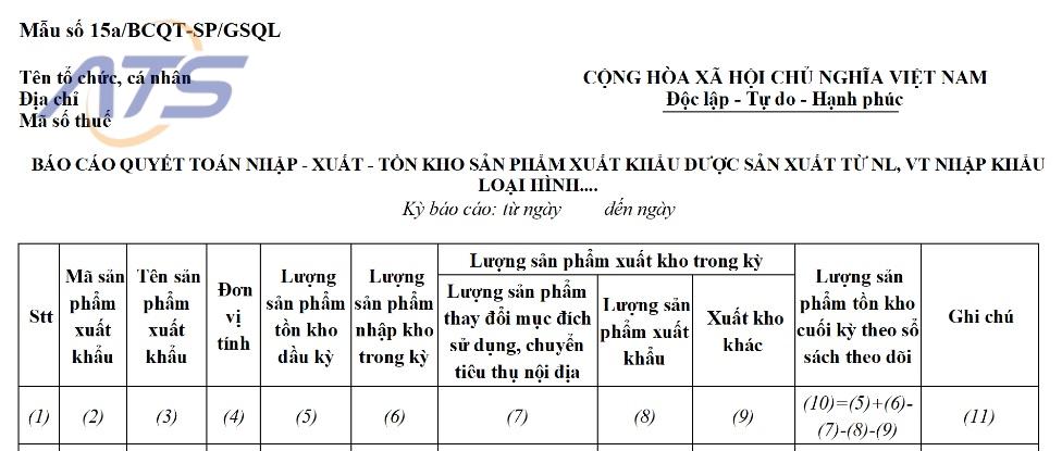 Mẫu báo cáo quyết toán hải quan - Mẫu số 15a/BCQT-SP/GSQL