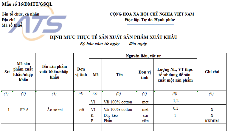 Mẫu số 16/ĐMTT/GSQL