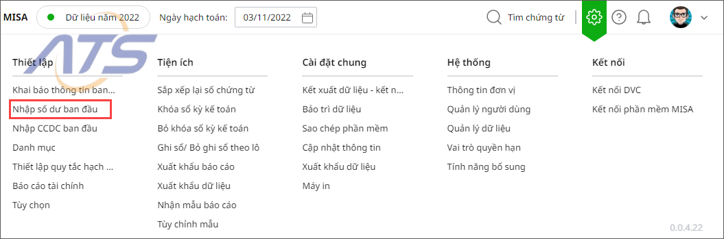 Bước 1: Vào Cài đặt (⚙)\Thiết lập\Nhập số dư ban đầu.