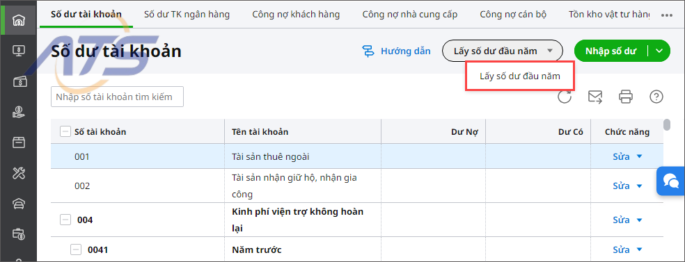 Bước 2: Vào tab Số dư tài khoản, nhấn Lấy số dư đầu năm.