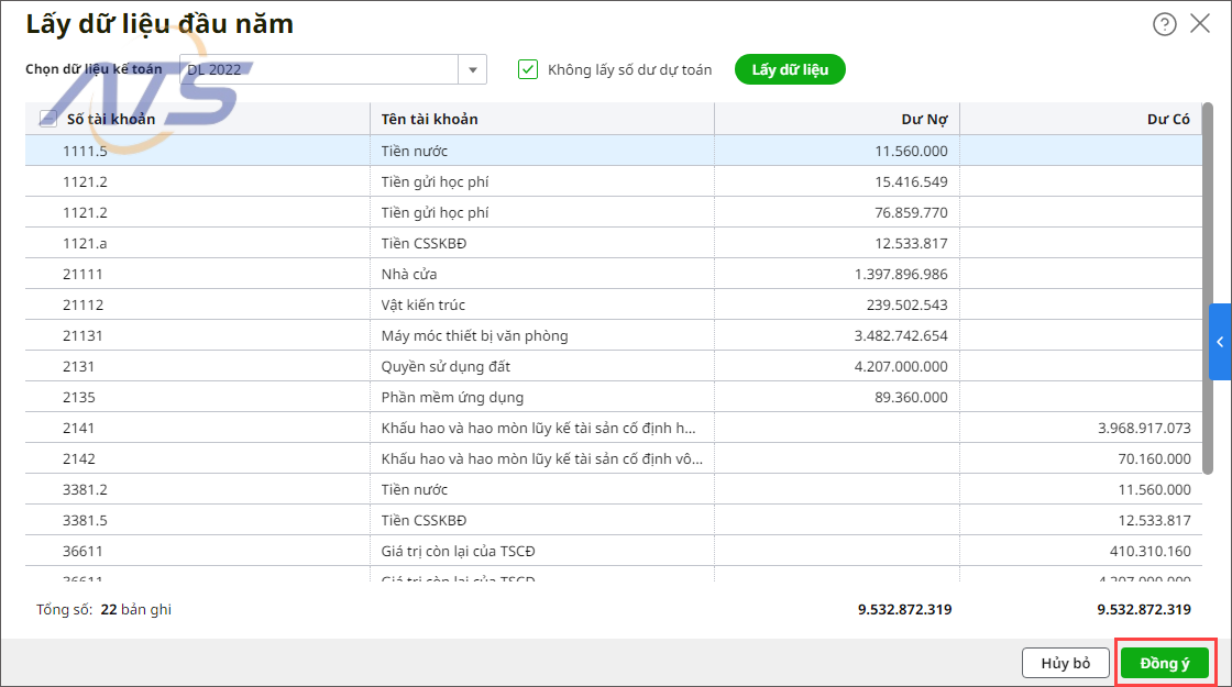 Bước 6: Sau khi hệ thống hiển thị số dư từ dữ liệu cũ, bạn nhấn Đồng ý.