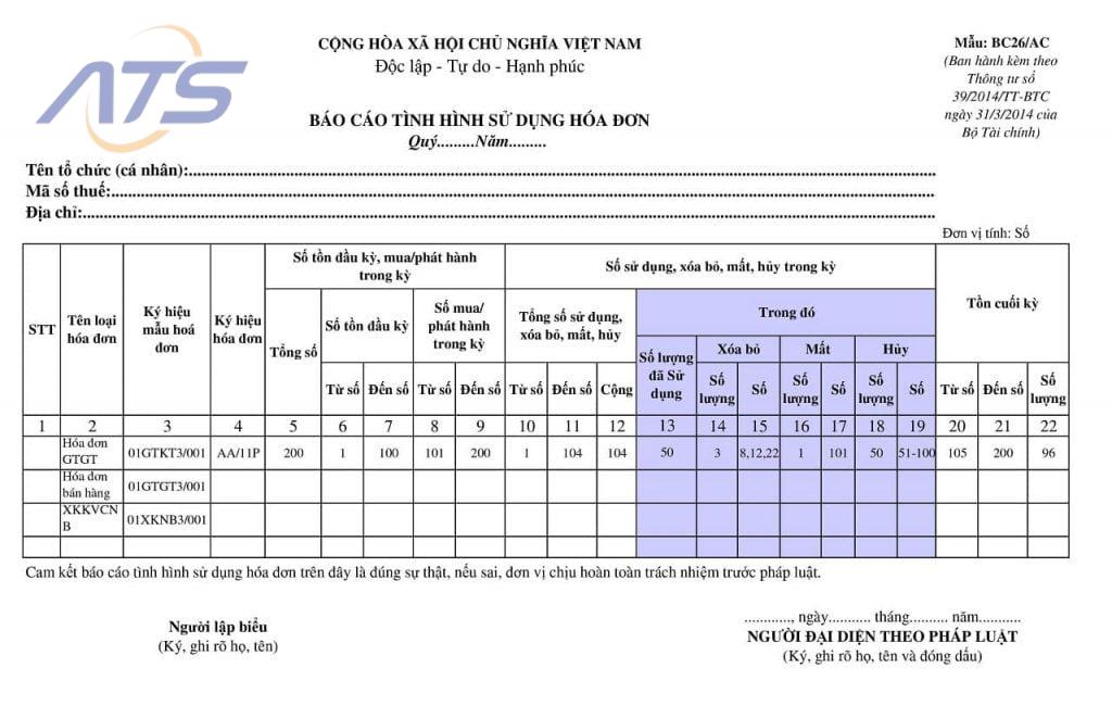 Báo cáo tình hình sử dụng hóa đơn