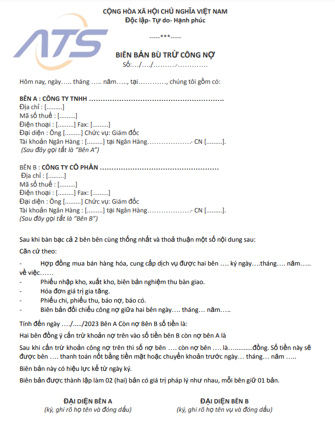 Biên bản cấn trừ công nợ 2 bên