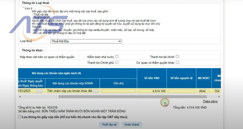 Chọn tiểu mục tiền nộp chậm