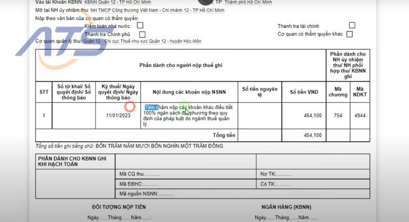 Giấy nộp tiền nộp chậm thuế môn bài