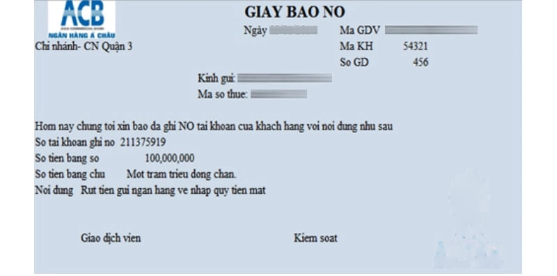 Mẫu giấy báo nợ ngân hàng ACB