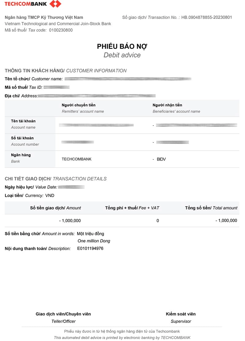 Mẫu giấy báo nợ ngân hàng Techcombank