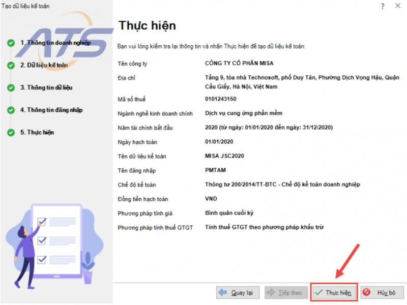 Kiểm tra lại thông tin tạo dữ liệu kế toán mới