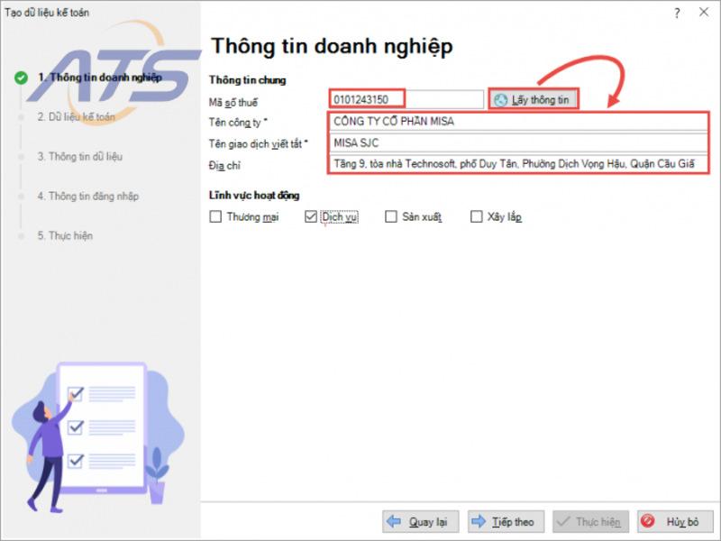 Nhập thông tin tạo dữ liệu kế toán mới
