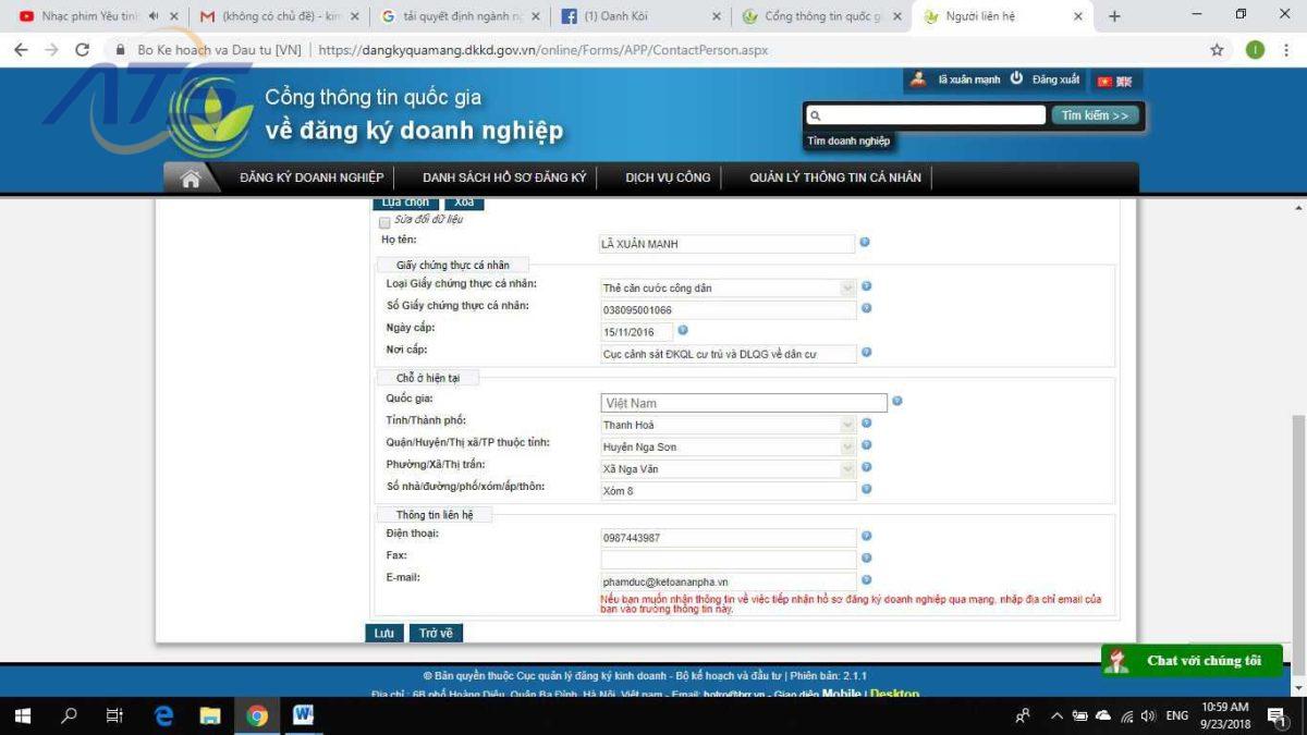 Bước 6: Sau khi đã chọn và lưu tất cả những ngành nghề cần bổ sung – điền thông tin vào trường người liên hệ, người ký (thông tin của người nộp hồ sơ qua mạng)