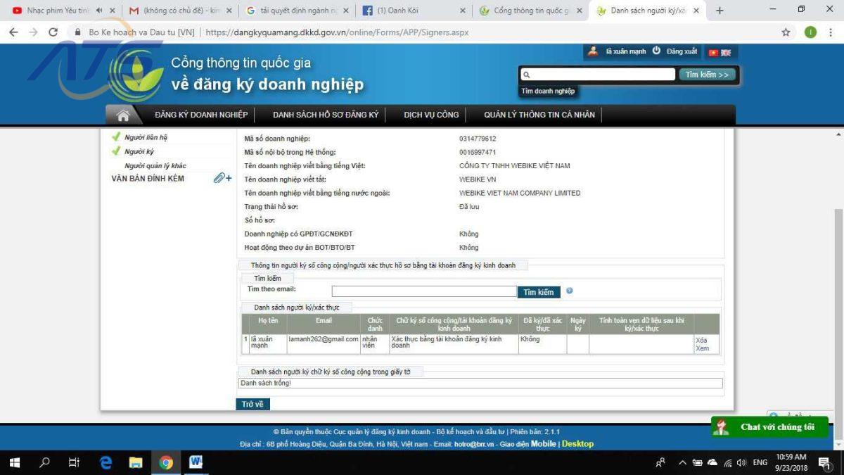 Bước 6: Sau khi đã chọn và lưu tất cả những ngành nghề cần bổ sung – điền thông tin vào trường người liên hệ, người ký (thông tin của người nộp hồ sơ qua mạng)
