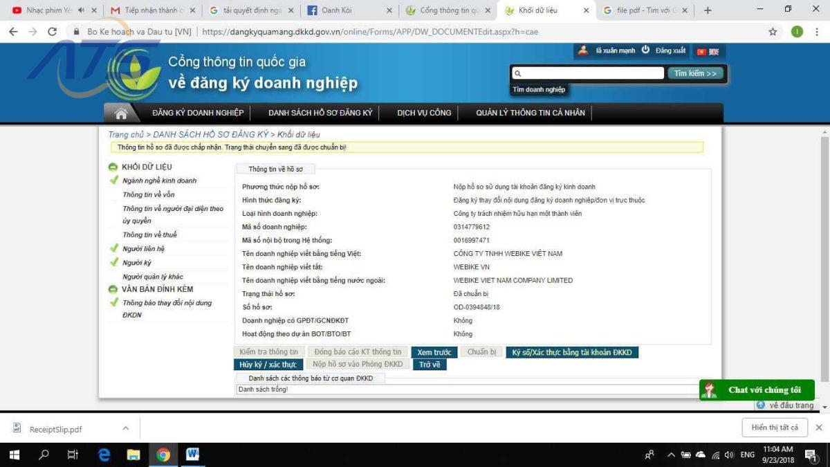 Bước 8: Ấn ký số xác thực bằng tài khoản đăng ký kinh doanh.