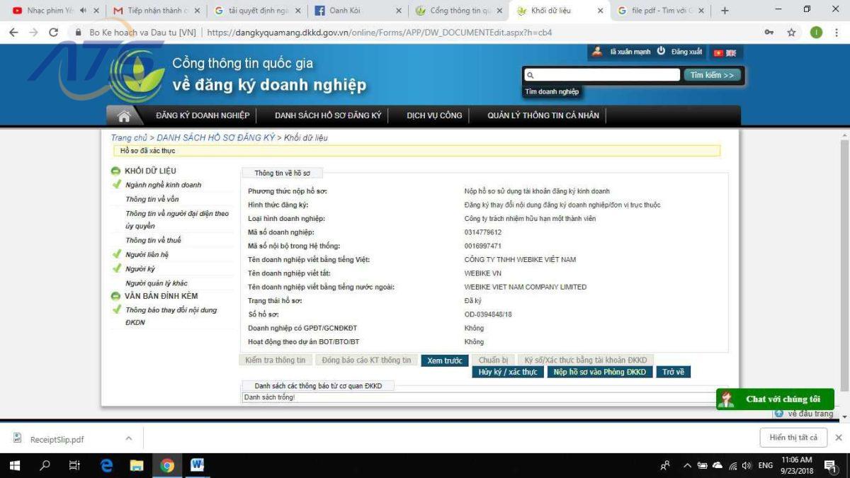 Bước 9: Ấn nộp hồ sơ vào phòng đăng ký kinh doanh