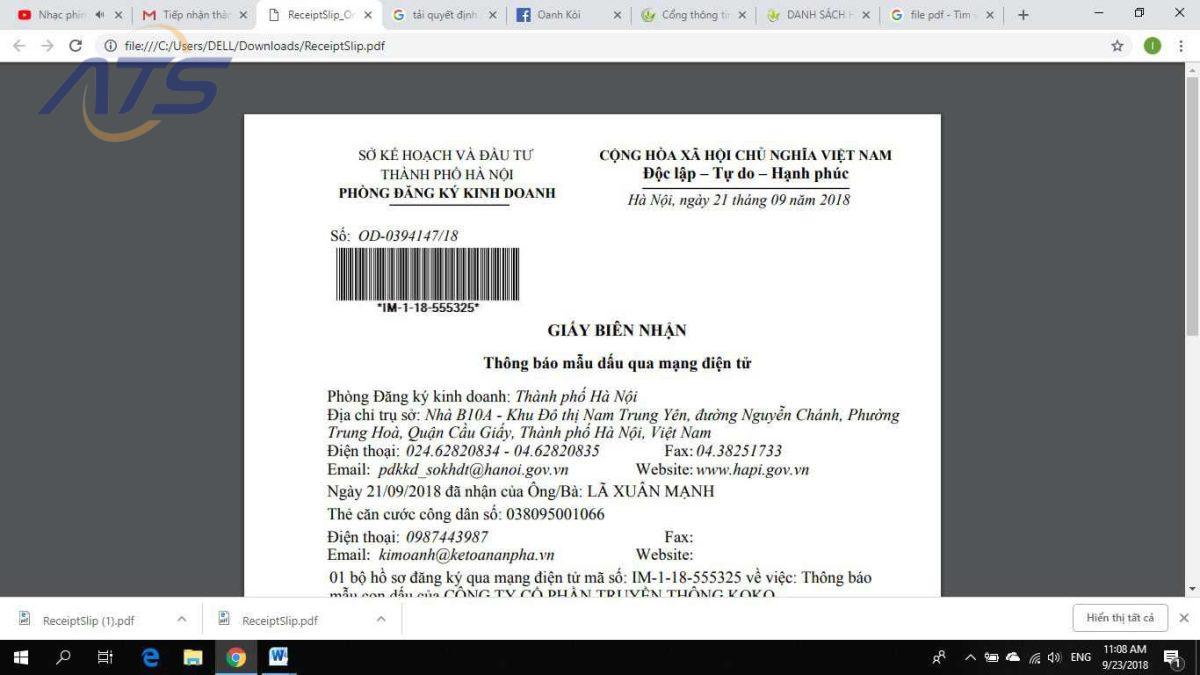 phòng đăng ký kinh doanh sẽ gửi vào mail bạn giấy biên nhận hẹn ngày trả kết quả xử lý hồ sơ