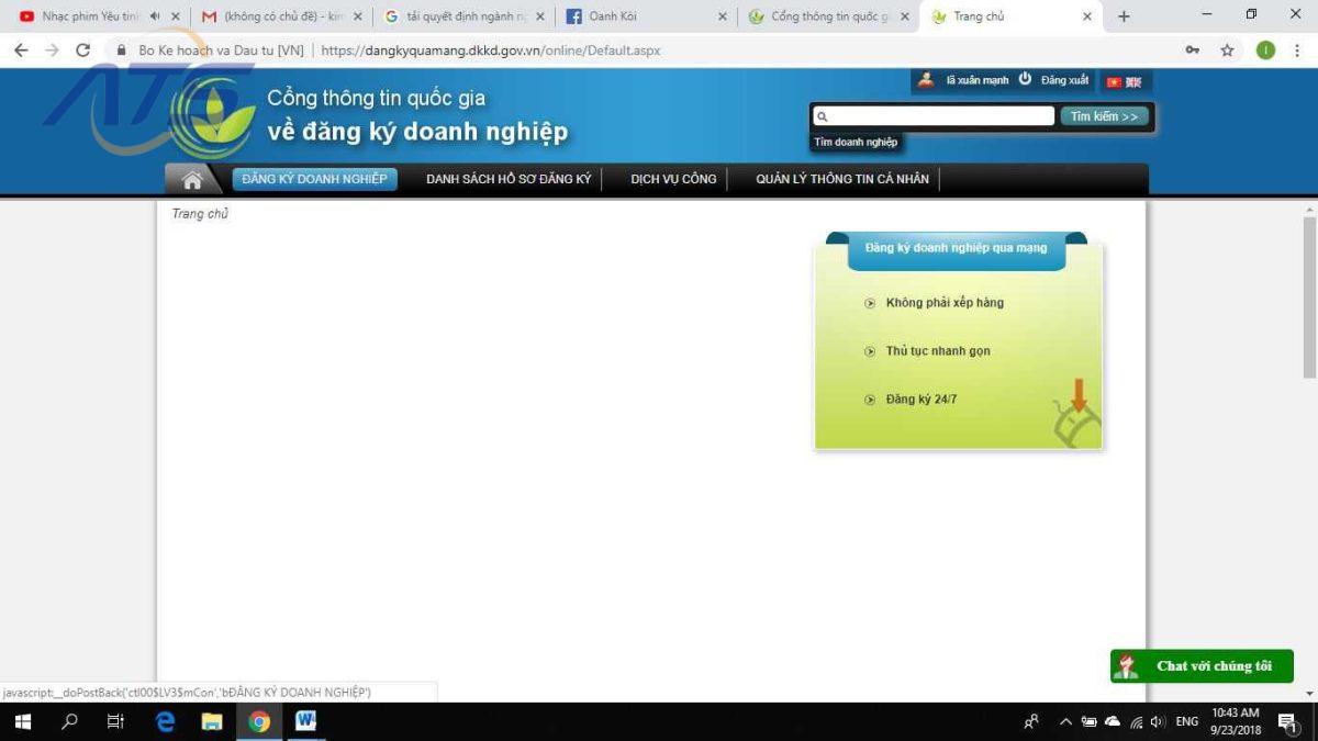 Sau đó vào phần đăng ký doanh nghiệp