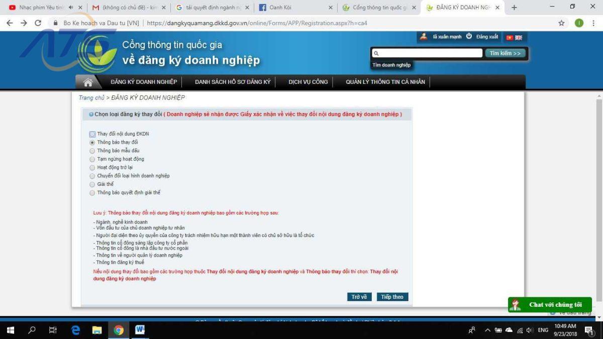 Chọn trường thông báo thay đổi và nấm tiếp theo. Chọn những loại văn bản sẽ nộp và bấm tiếp theo