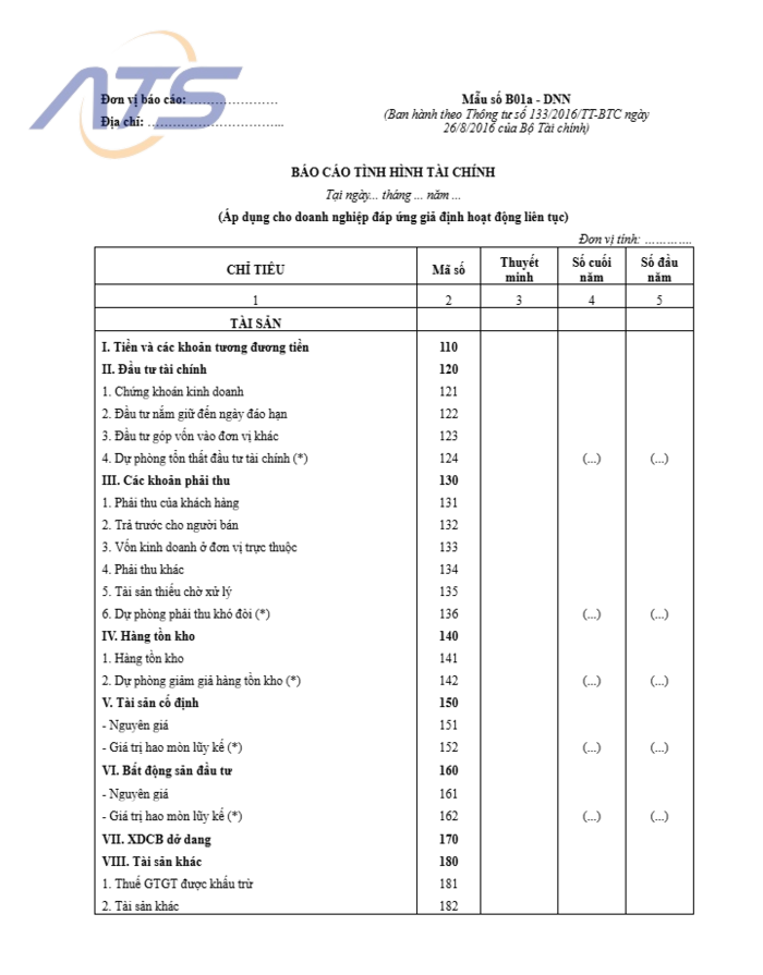 Mẫu báo cáo tài chính doanh nghiệp siêu nhỏ